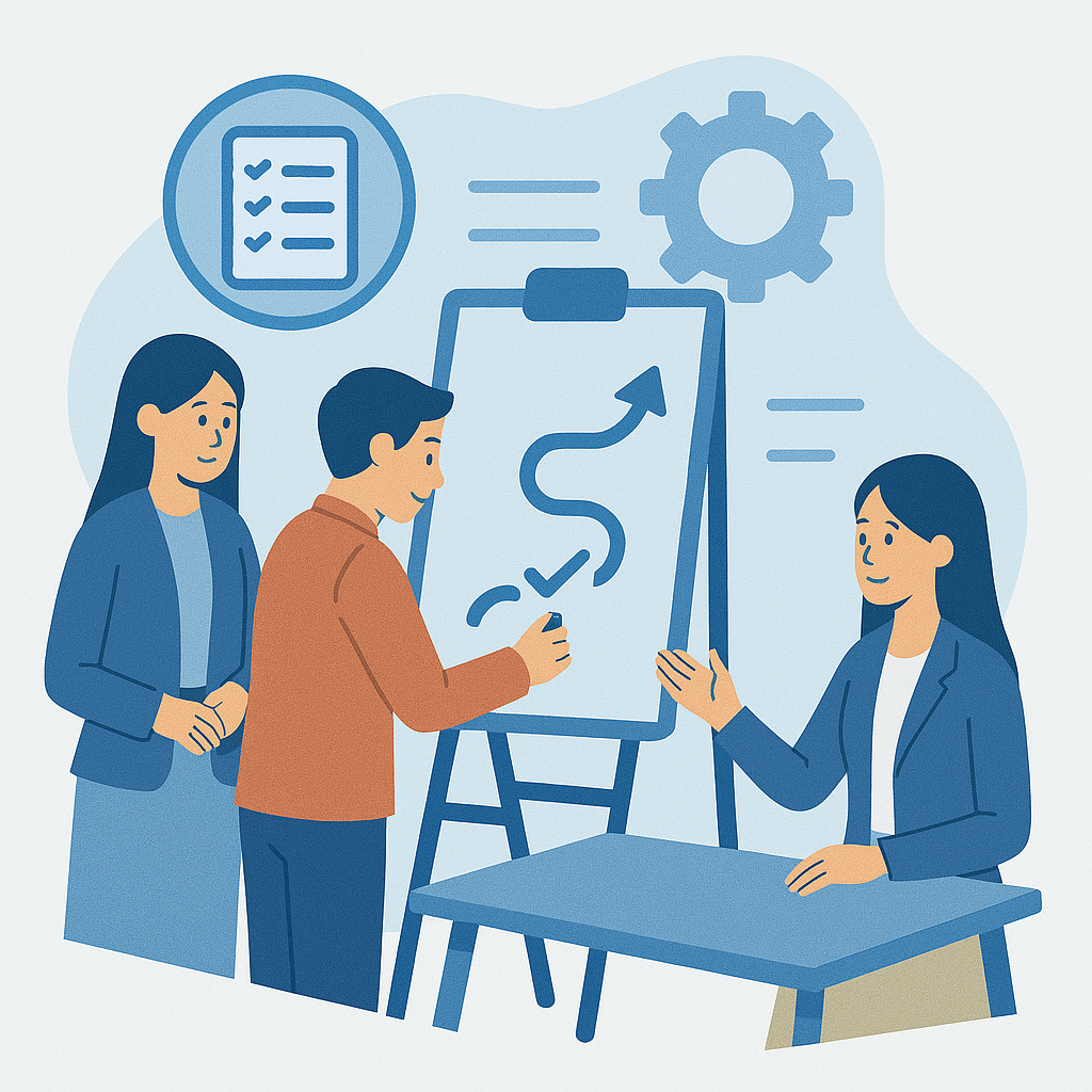 Consultants planning ISO 9001, 14001, 45001 management system support.